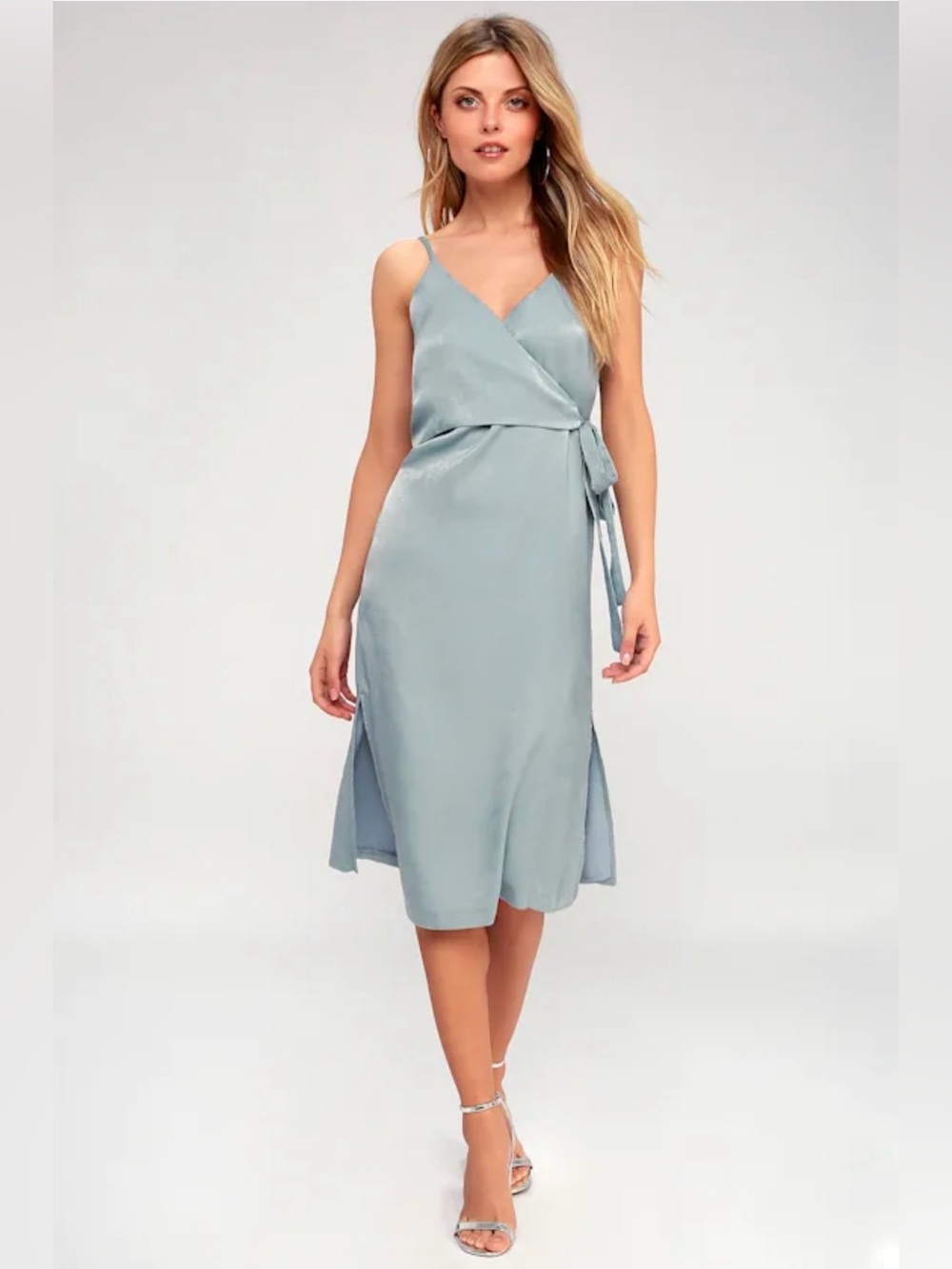 EVIDNT Mint Blue Satin Midi Wrap Dress